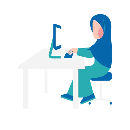 Mujer Hijab trabajando en el escritorio  Ilustración