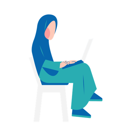 Mujer hijab trabajando en la computadora portátil  Ilustración