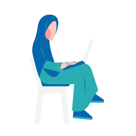 Mujer hijab trabajando en la computadora portátil  Ilustración