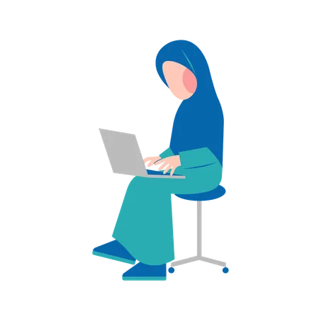 Mujer hijab trabajando en la computadora portátil  Ilustración