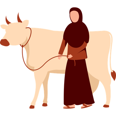 Mulher hijab fica com vaca  Ilustração