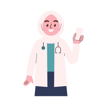 Hijab Mulher Médica segurando celular  Ilustração