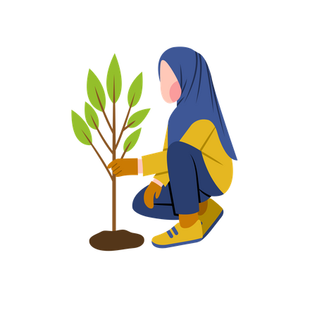 Mulher hijab cultivando planta  Ilustração