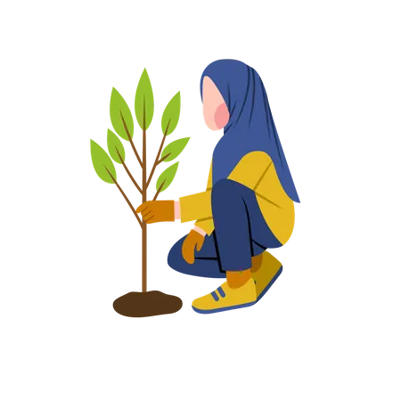 Mulher Hijab Plantando Planta Ilustração