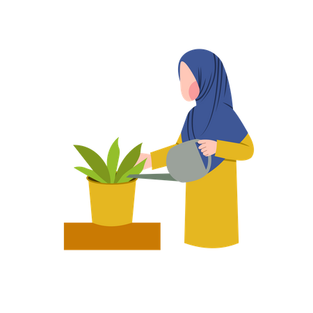 Mulher hijab regando planta  Ilustração