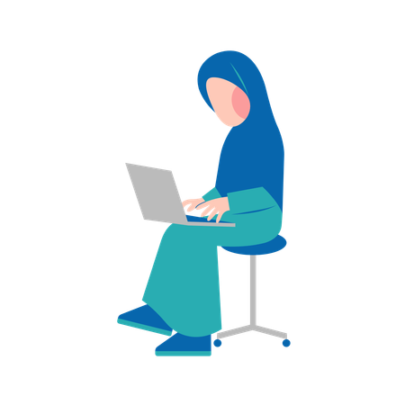 Mulher hijab trabalhando no laptop  Ilustração