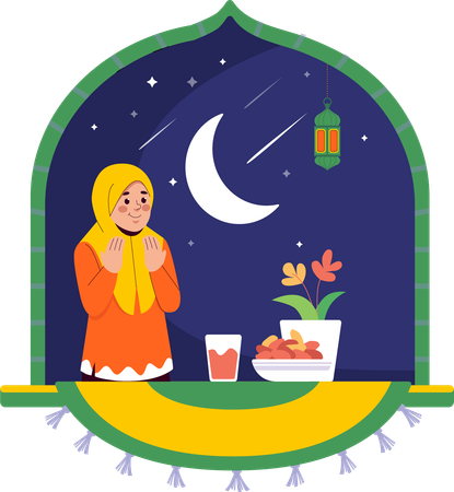 Oración Iftar de niña hijab  Ilustración