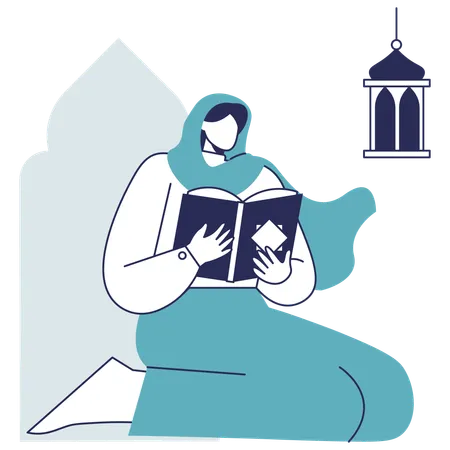 Chica hijab leyendo el Corán  Ilustración