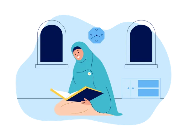 Niña hijab leyendo libro sagrado  Ilustración