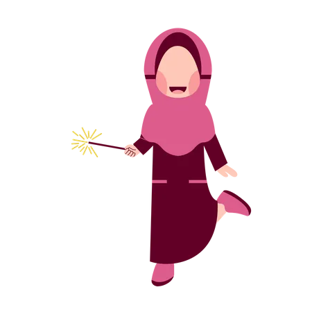 Chica hijab sosteniendo fuegos artificiales  Ilustración