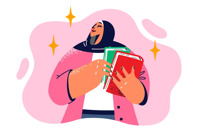 Chica hijab sosteniendo libros  Ilustración