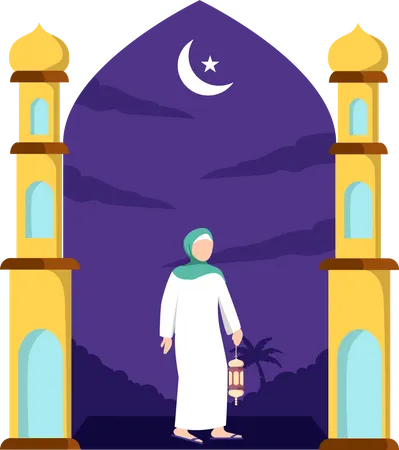 Chica hijab sosteniendo linterna árabe  Ilustración
