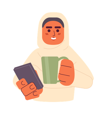 Chica hijab sosteniendo el teléfono y bebiendo té  Ilustración