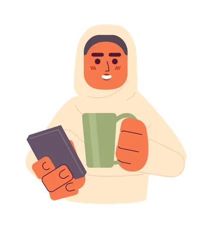 Chica hijab sosteniendo el teléfono y bebiendo té  Ilustración