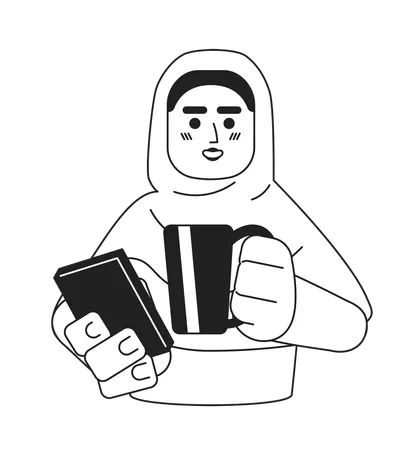 Chica hijab sosteniendo el teléfono y bebiendo té  Ilustración