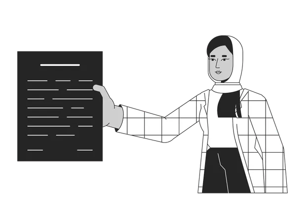Hijab Office Worker Gives Paperwork Flat Line Black White Vector Character Editable Outline Half Body Person Female Employee Document Simple Cartoon Isolated Spot Illustration For Web Graphic Design Illustration