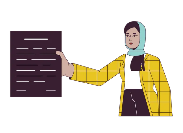 Hijab Office Worker Giving Paperwork Flat Line Color Vector Character Editable Outline Half Body Person On White Female Employee Document Simple Cartoon Spot Illustration For Web Graphic Design Illustration