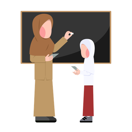 Professora de hijab explicando a soma para criança  Ilustração