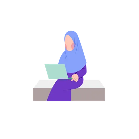 Hijab Student learning on laptop Illustration