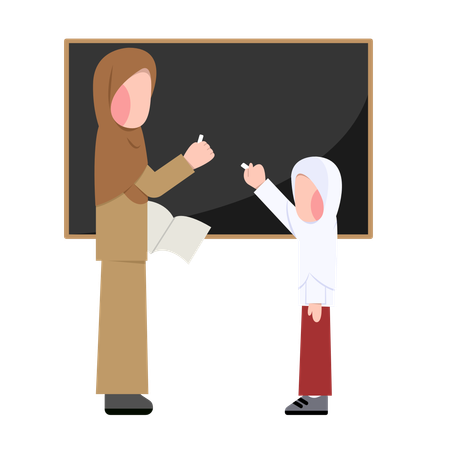 Hijab teacher writes on blackboard  Illustration