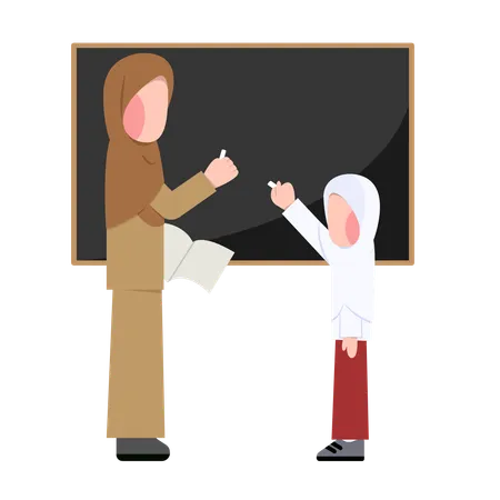 Hijab teacher writes on blackboard  Illustration