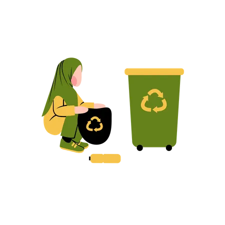 Hijab woman cleaning waste  Illustration