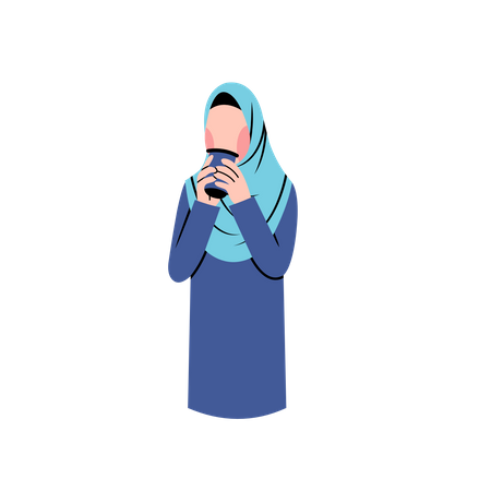Hijab woman drinking coffee from disposable cup  イラスト