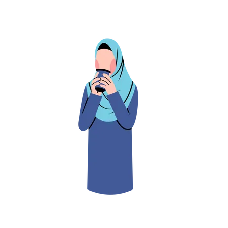 Hijab woman drinking coffee from disposable cup  Illustration