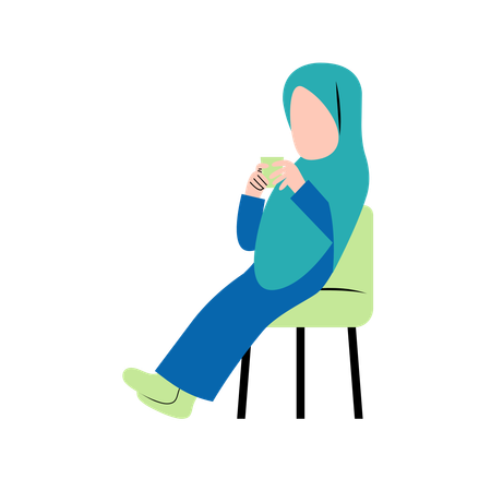Hijab Woman Drinking Coffee On Chair  Illustration
