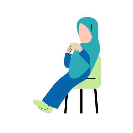 Hijab Woman Drinking Coffee On Chair  Illustration