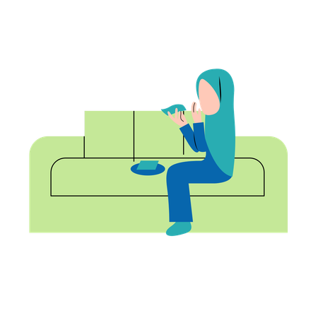 Hijab Woman Eating Snack On Sofa  Illustration