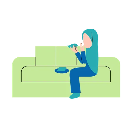 Hijab Woman Eating Snack On Sofa Illustration