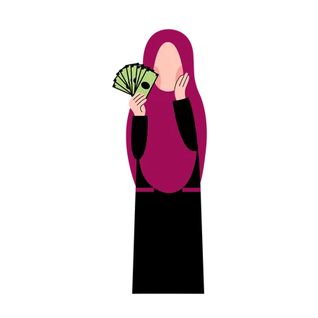 Hijab Woman Holding Money  Illustration