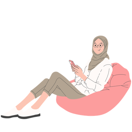 Hijab Woman in Modern Clothing Sitting and Holding Smartphone  Illustration