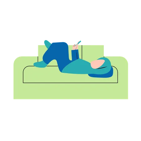 Hijab Woman lying on sofa and playing mobile  Illustration