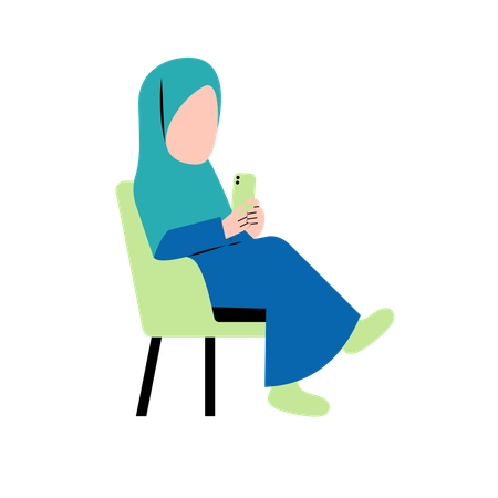 Hijab Woman Playing Smartphone On Chair  Illustration