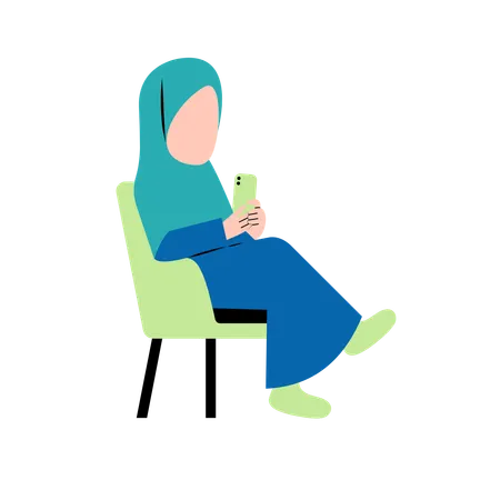 Hijab Woman Playing Smartphone On Chair  Illustration