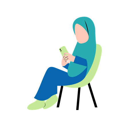 Hijab Woman Playing Smartphone On Chair  Illustration