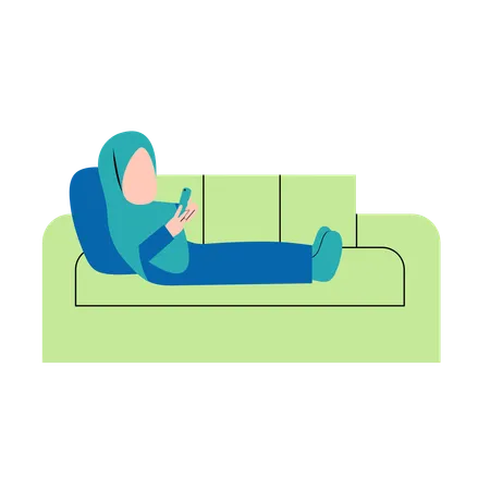 Hijab Woman Playing Smartphone On Sofa Illustration