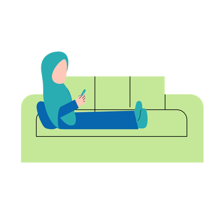 Hijab Woman Playing Smartphone On Sofa  Illustration