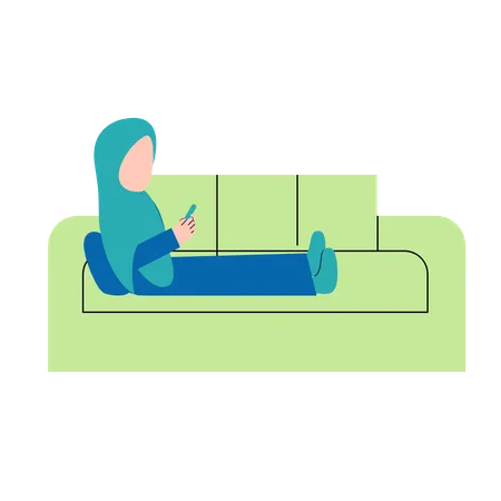 Hijab Woman Playing Smartphone On Sofa  Illustration