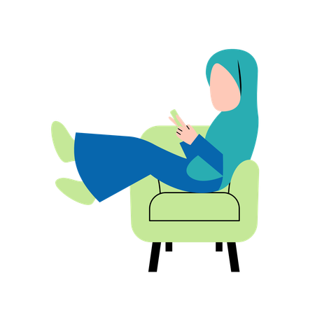 Hijab Woman Playing Smartphone On Sofa  Illustration