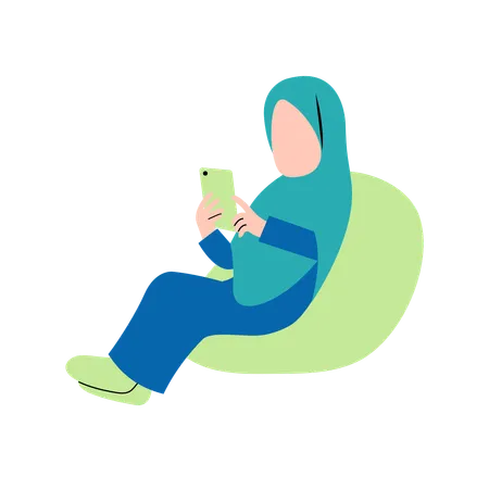 Hijab Woman Playing Tablet On Couch  Illustration