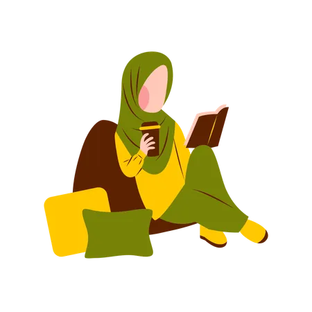 Hijab Woman Reading Book  Illustration