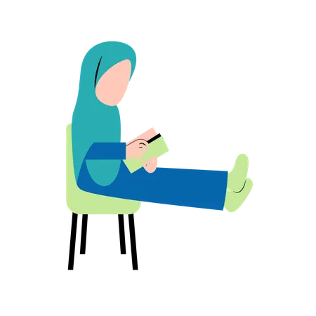 Hijab Woman Reading Book On Chair  Illustration