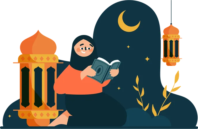 Hijab woman reading Quran  Illustration