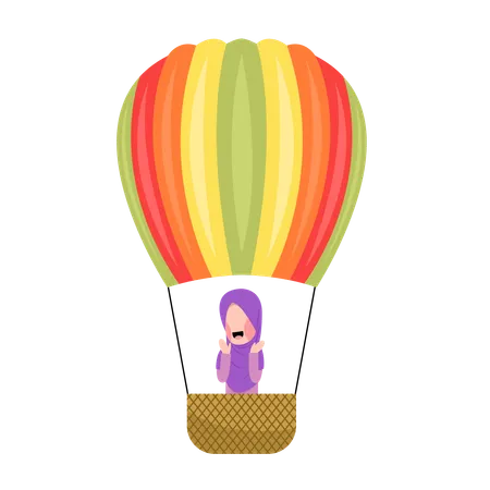 Hijab woman Riding Hot Air Balloon  Illustration