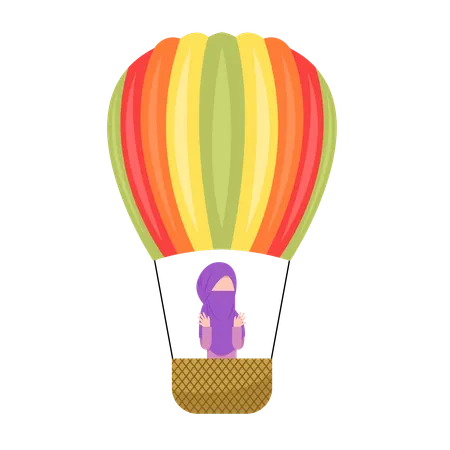 Hijab woman Riding Hot Air Balloon  Illustration