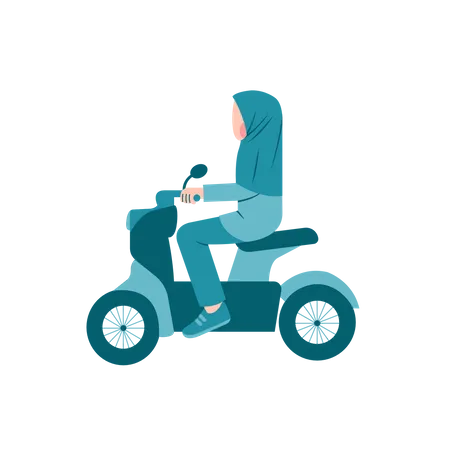 Hijab Woman Riding Motorbike Scooter Illustration