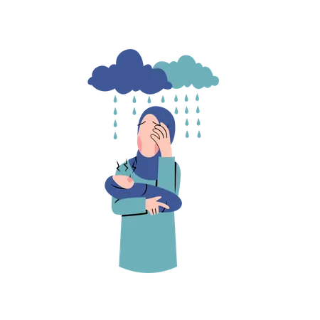 Hijab woman suffer from postpartum syndrome Illustration